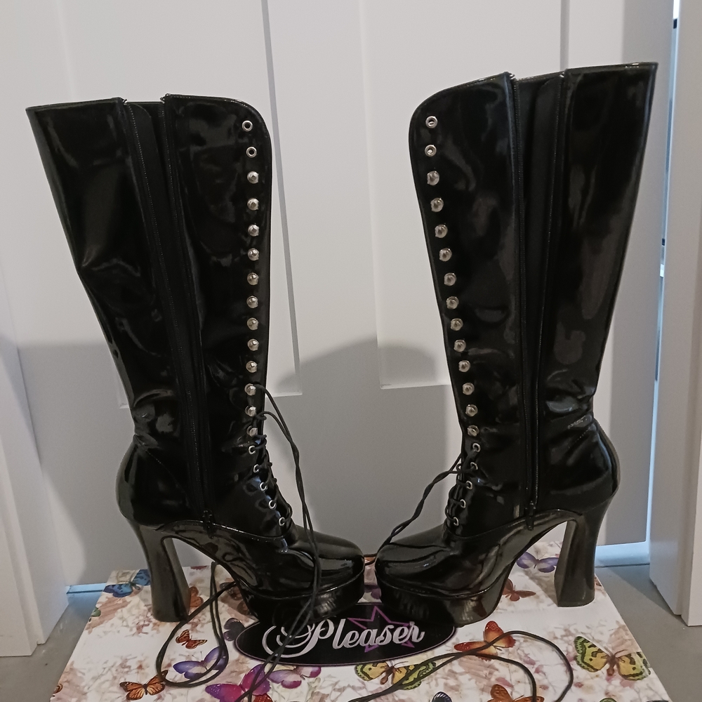 Pleaser Black Patent Knee-High Lace-Up Platform Boots